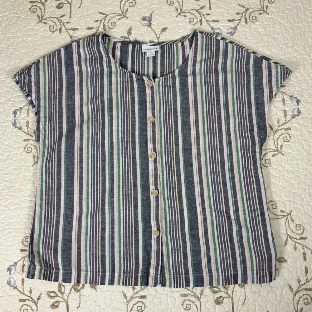 Liz Claiborne Button Down Women M Multicolor Excellent Striped Linen Blend